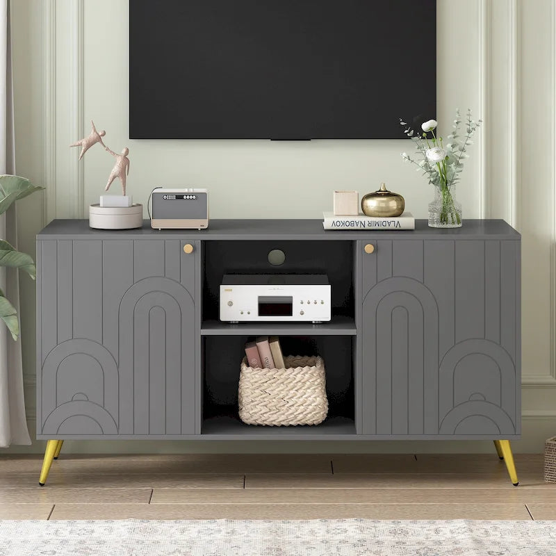 TV Stand with Cabinet Doors, Open Shelves & Gold Metal Legs, Fits up to 55"