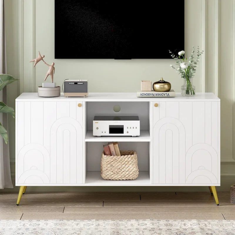 TV Stand with Cabinet Doors, Open Shelves & Gold Metal Legs, Fits up to 55"
