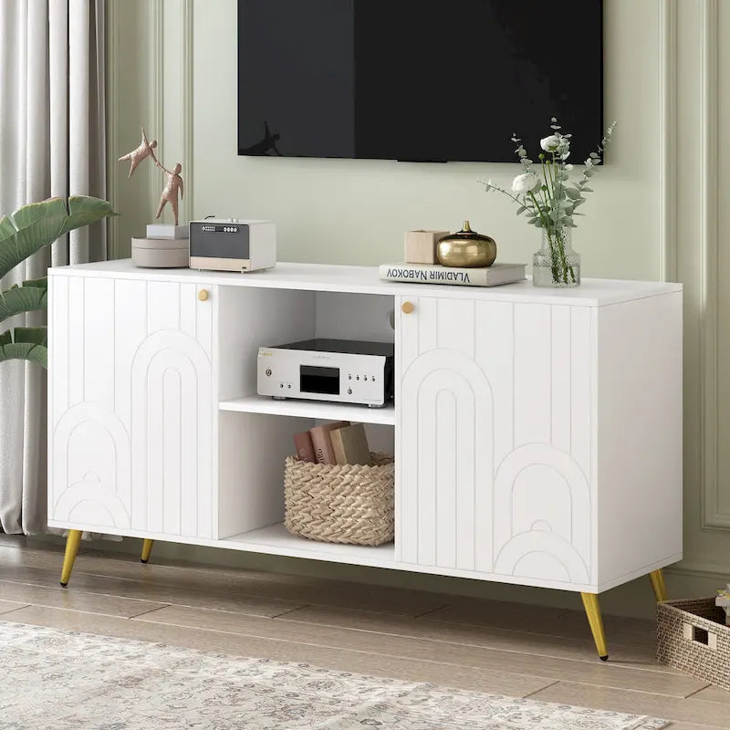 TV Stand with Cabinet Doors, Open Shelves & Gold Metal Legs, Fits up to 55"