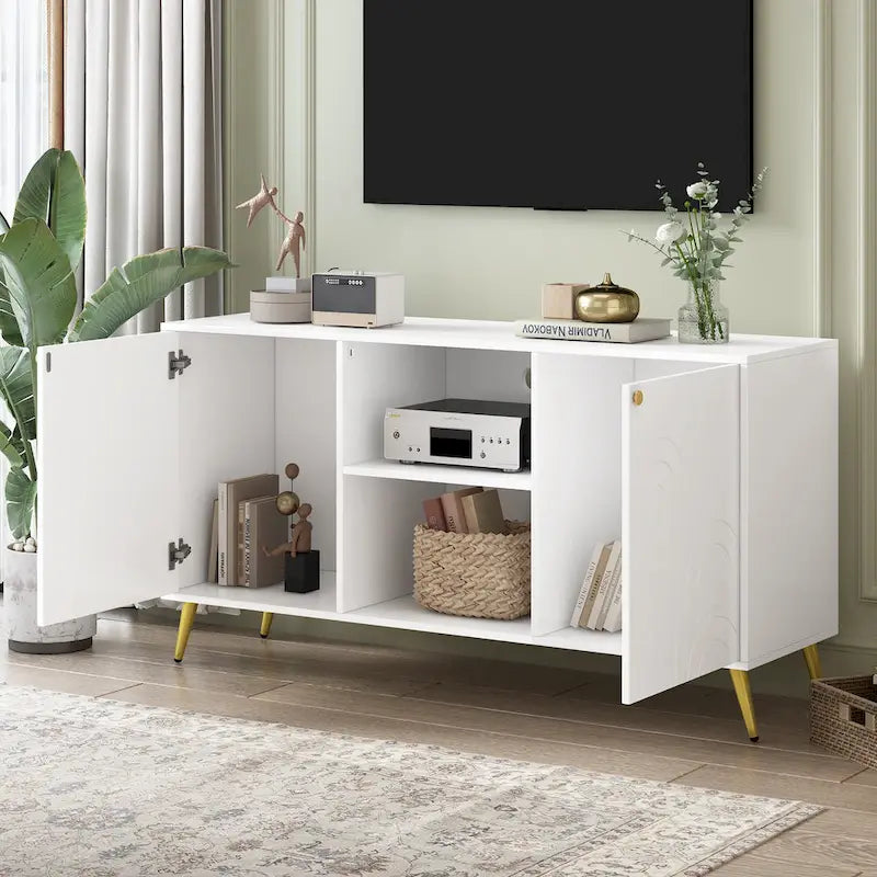 TV Stand with Cabinet Doors, Open Shelves & Gold Metal Legs, Fits up to 55"