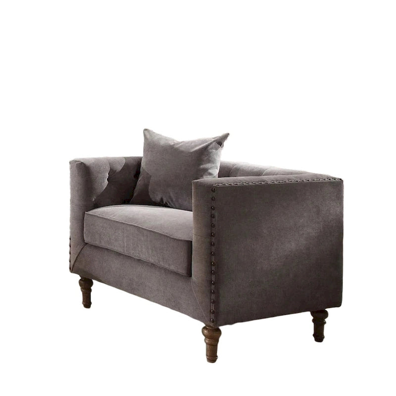 Gray Velvet Tufted Accent Chair with Nailhead Trim & Toss Pillow