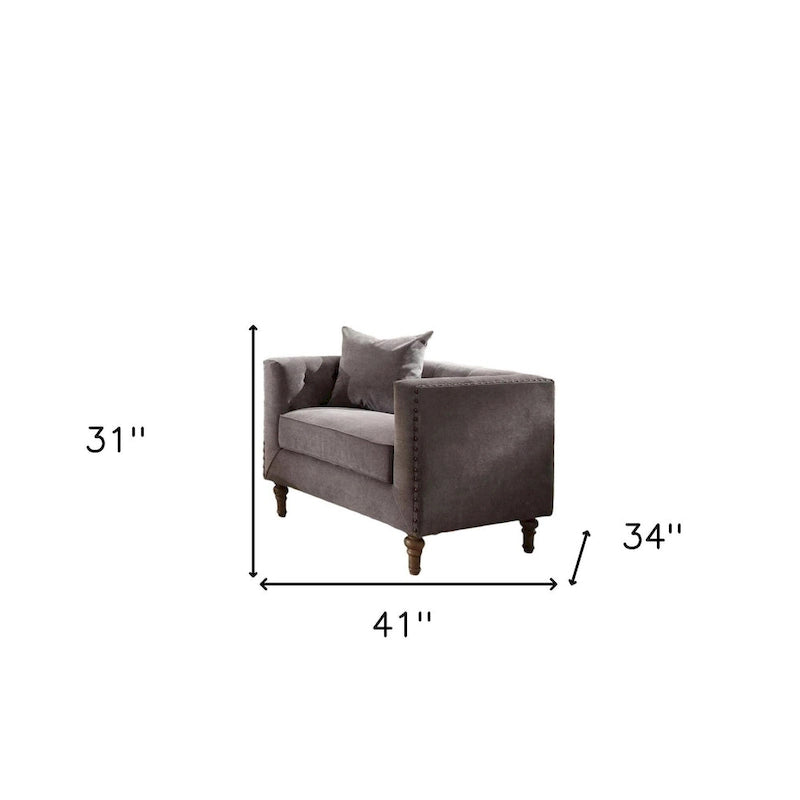 Gray Velvet Tufted Accent Chair with Nailhead Trim & Toss Pillow