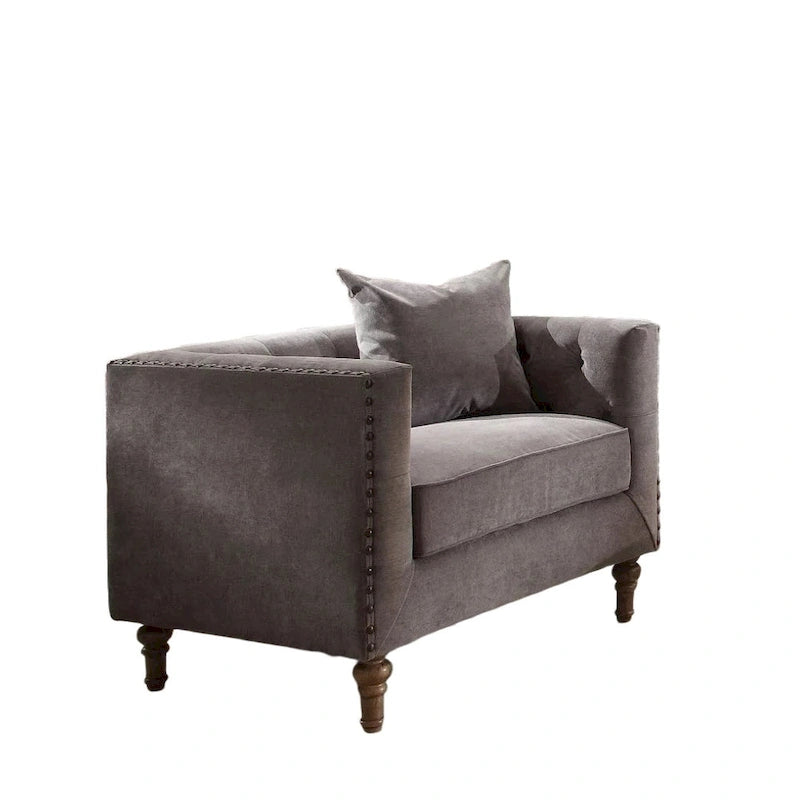Gray Velvet Tufted Accent Chair with Nailhead Trim & Toss Pillow