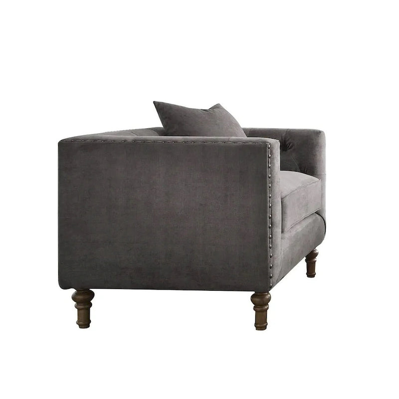 Gray Velvet Tufted Accent Chair with Nailhead Trim & Toss Pillow