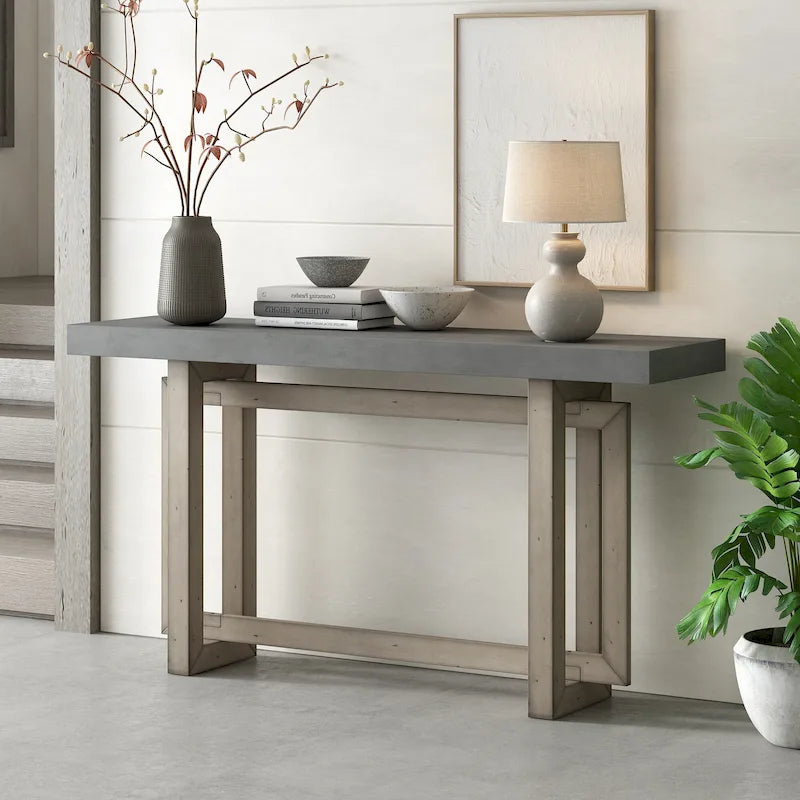 Minimalist Console Table with Concrete Texture Top & Pine Frame