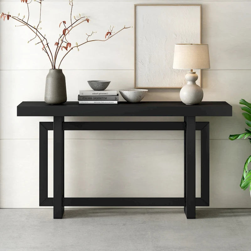 Minimalist Console Table with Concrete Texture Top & Pine Frame