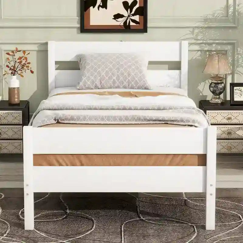 Twin Bed with Headboard & Footboard, White, Space-Saving Design with Storage