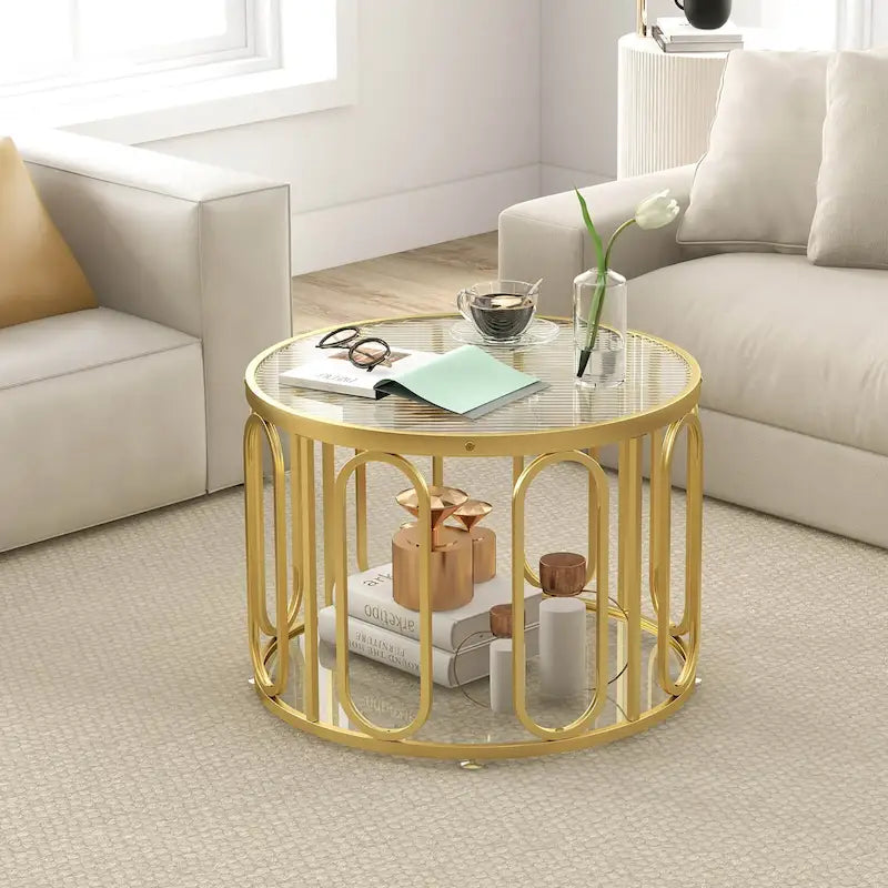 2-Tier Round Glass Coffee Table with Swivel Brackets & Metal Frame