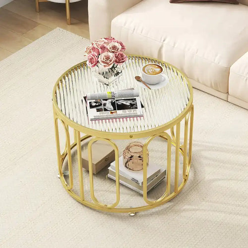 2-Tier Round Glass Coffee Table with Swivel Brackets & Metal Frame