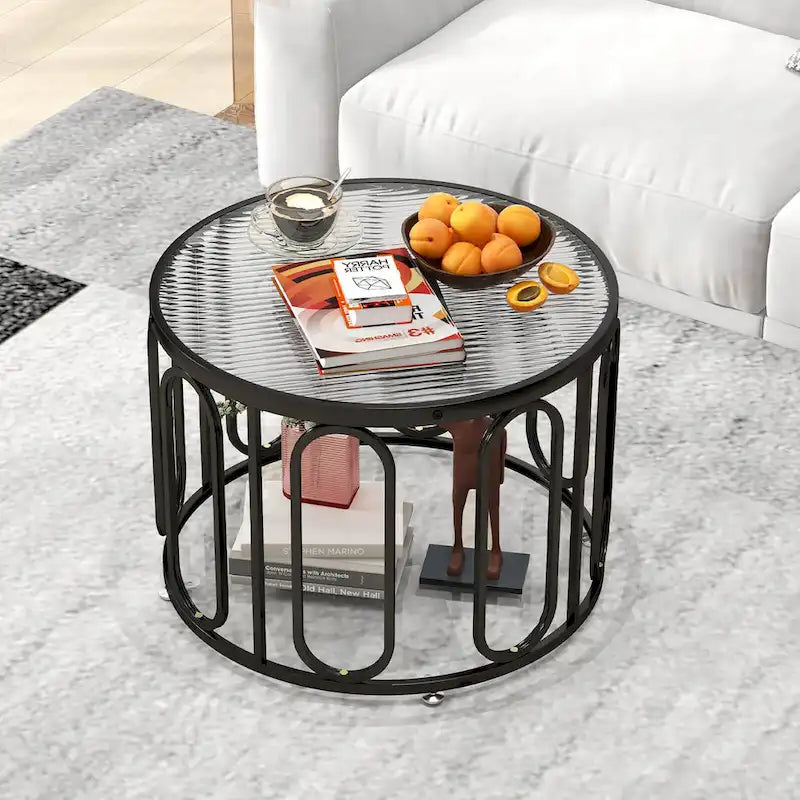 2-Tier Round Glass Coffee Table with Swivel Brackets & Metal Frame