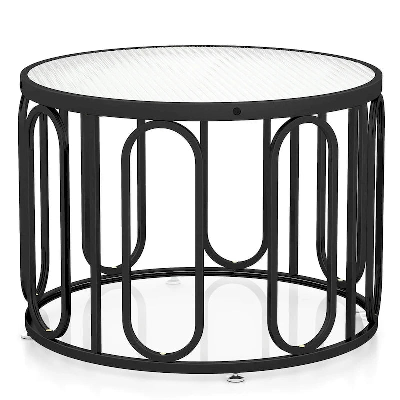 2-Tier Round Glass Coffee Table with Swivel Brackets & Metal Frame
