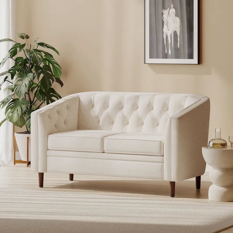 Diamond-Tufted Loveseat with Tapered Wood Legs