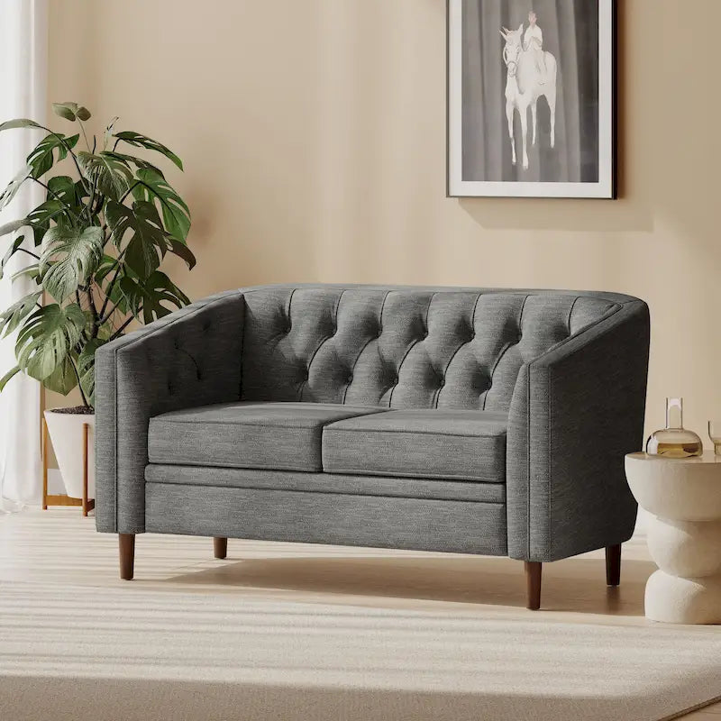 Diamond-Tufted Loveseat with Tapered Wood Legs