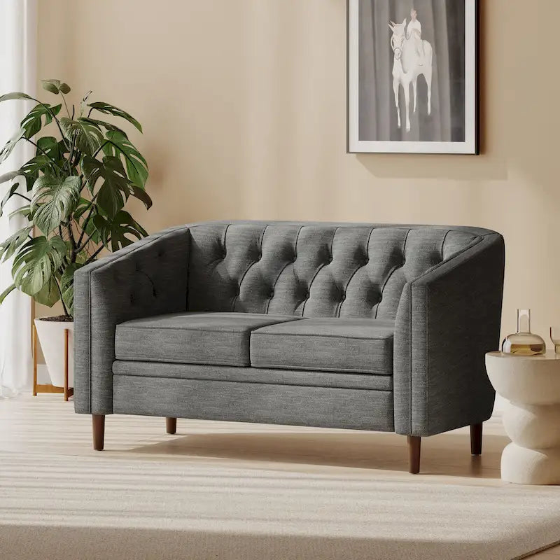 Diamond-Tufted Loveseat with Tapered Wood Legs
