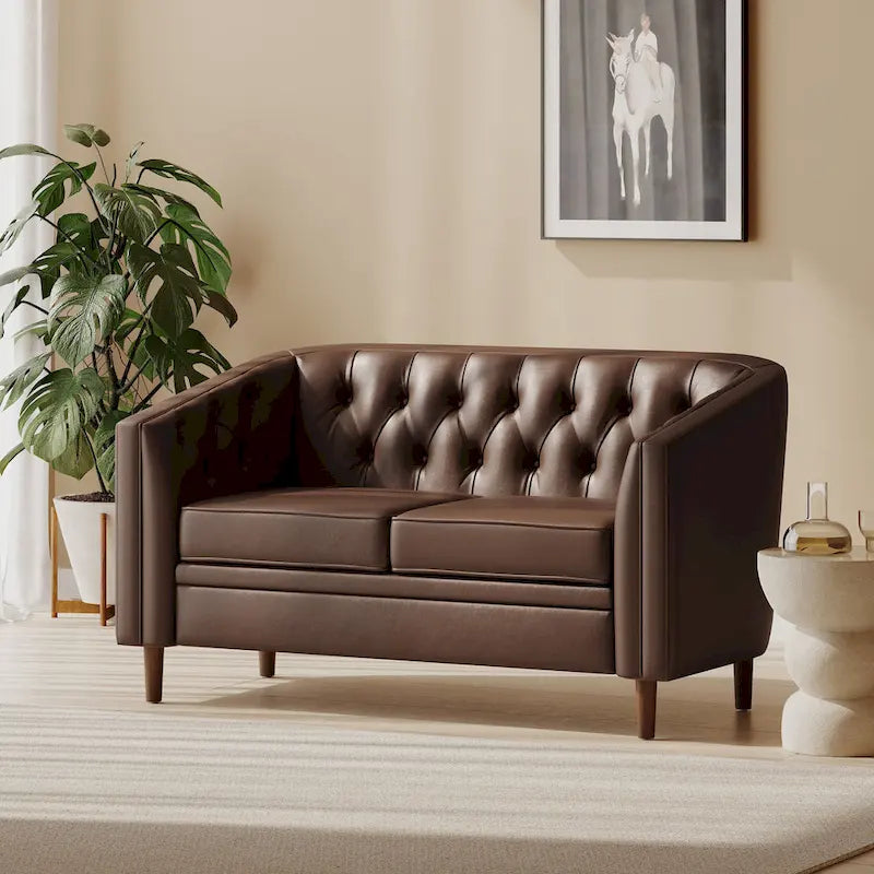 Diamond-Tufted Loveseat with Tapered Wood Legs
