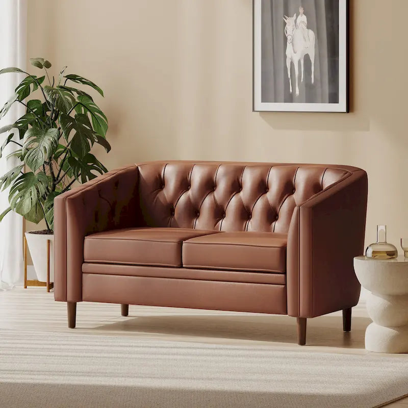 Diamond-Tufted Loveseat with Tapered Wood Legs
