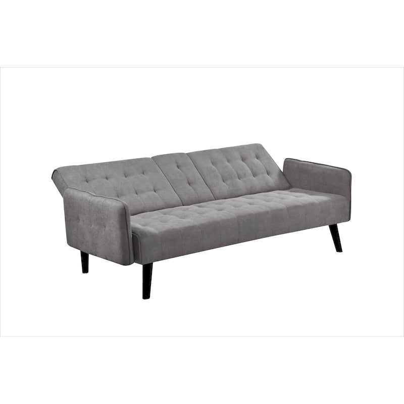 Tufted Linen Futon Sofa Bed with Drop-Down Armrest Table & Cup Holder