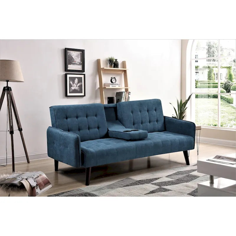 Tufted Linen Futon Sofa Bed with Drop-Down Armrest Table & Cup Holder