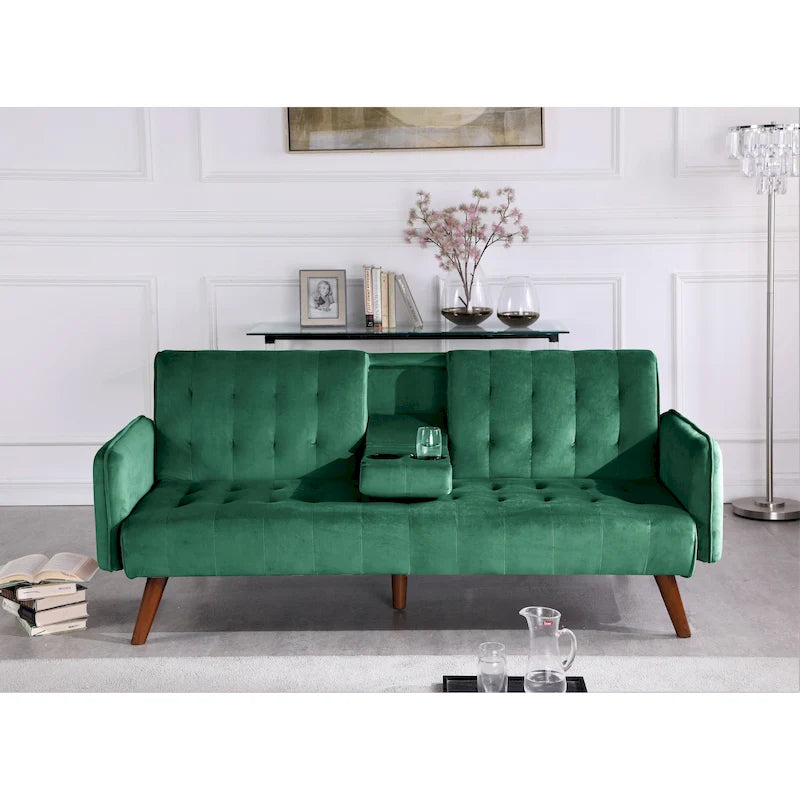 Tufted Linen Futon Sofa Bed with Drop-Down Armrest Table & Cup Holder