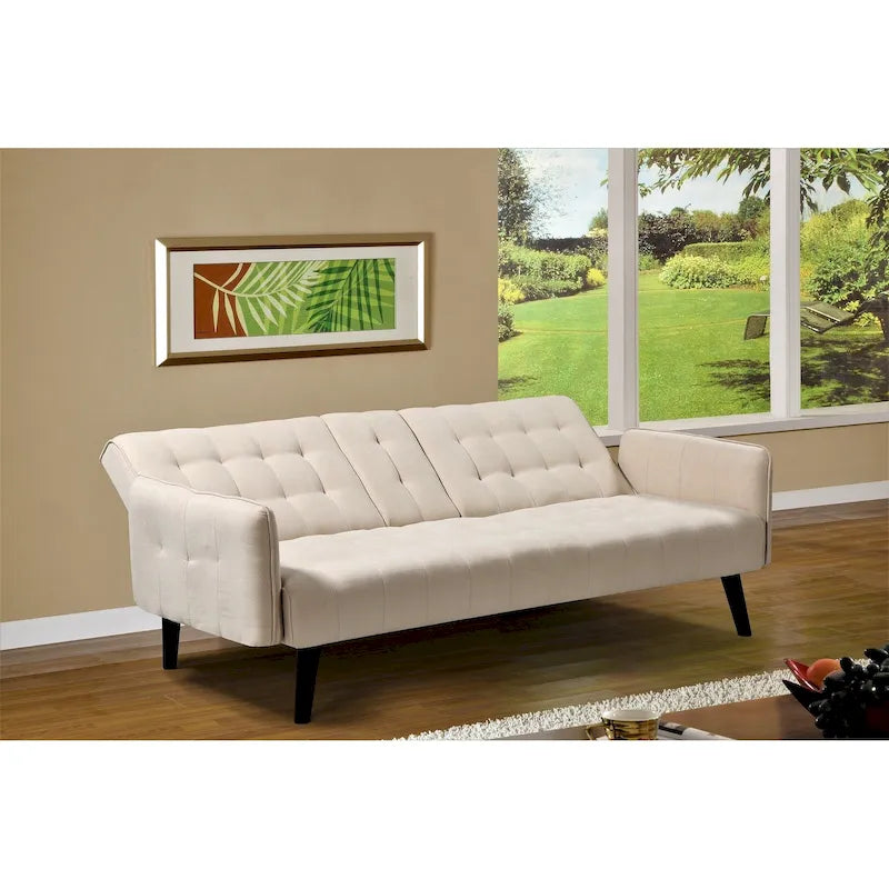 Tufted Linen Futon Sofa Bed with Drop-Down Armrest Table & Cup Holder