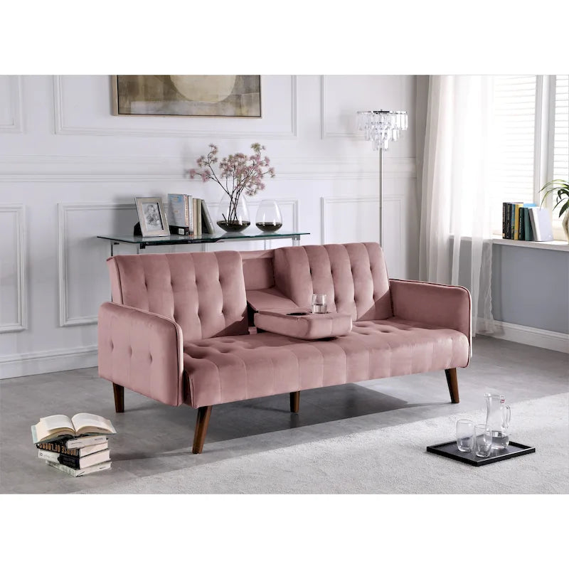 Tufted Linen Futon Sofa Bed with Drop-Down Armrest Table & Cup Holder