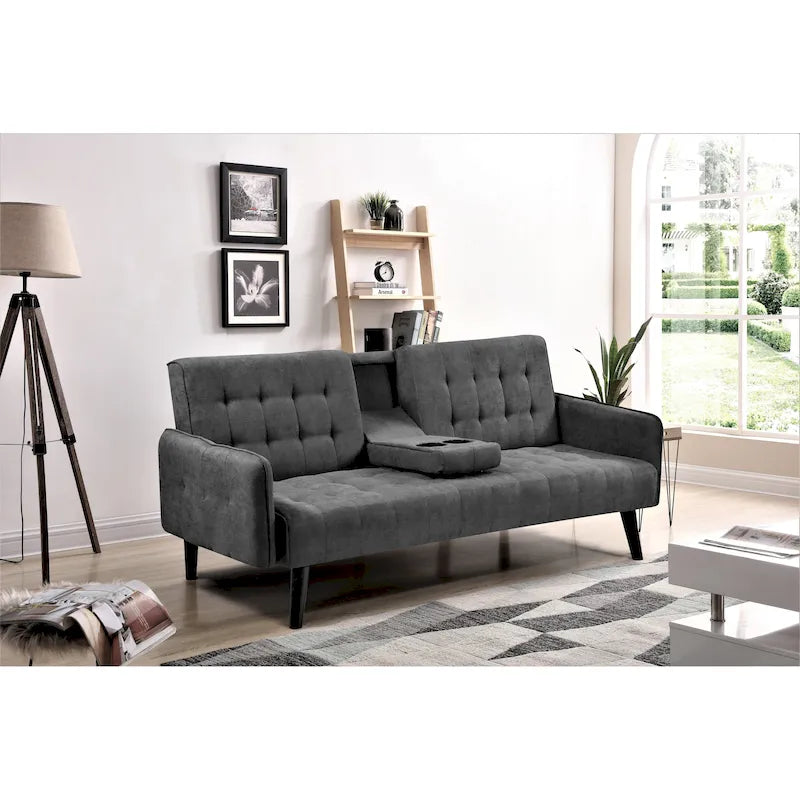 Tufted Linen Futon Sofa Bed with Drop-Down Armrest Table & Cup Holder