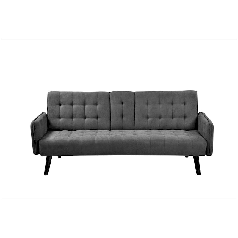 Tufted Linen Futon Sofa Bed with Drop-Down Armrest Table & Cup Holder