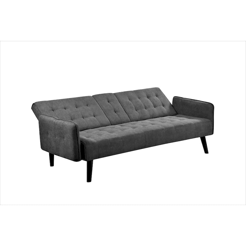 Tufted Linen Futon Sofa Bed with Drop-Down Armrest Table & Cup Holder