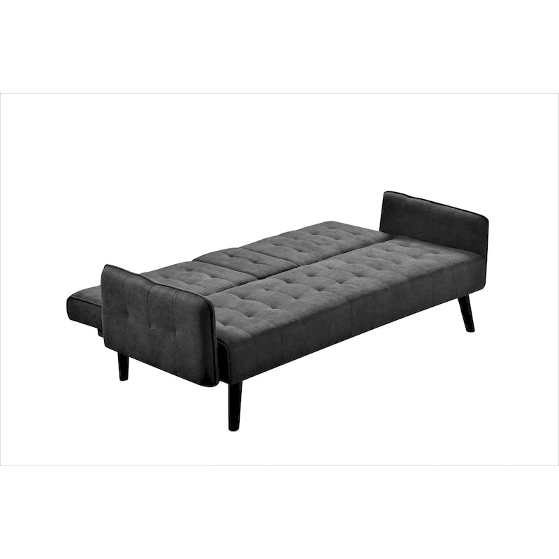 Tufted Linen Futon Sofa Bed with Drop-Down Armrest Table & Cup Holder