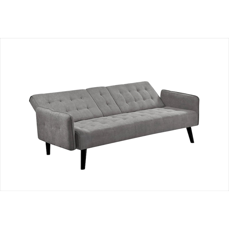 Tufted Linen Futon Sofa Bed with Drop-Down Armrest Table & Cup Holder