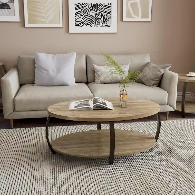 2-Tier Oval Coffee Table with Storage Shelf