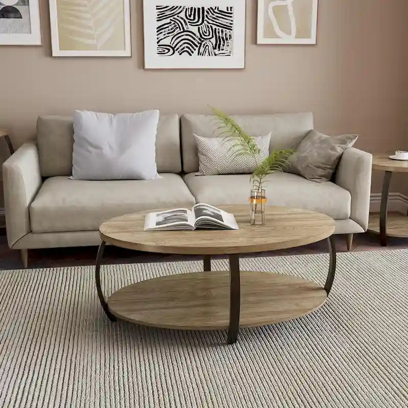 Oval Coffee Table, Industrial 2-Tier Elliptic Coffee Table