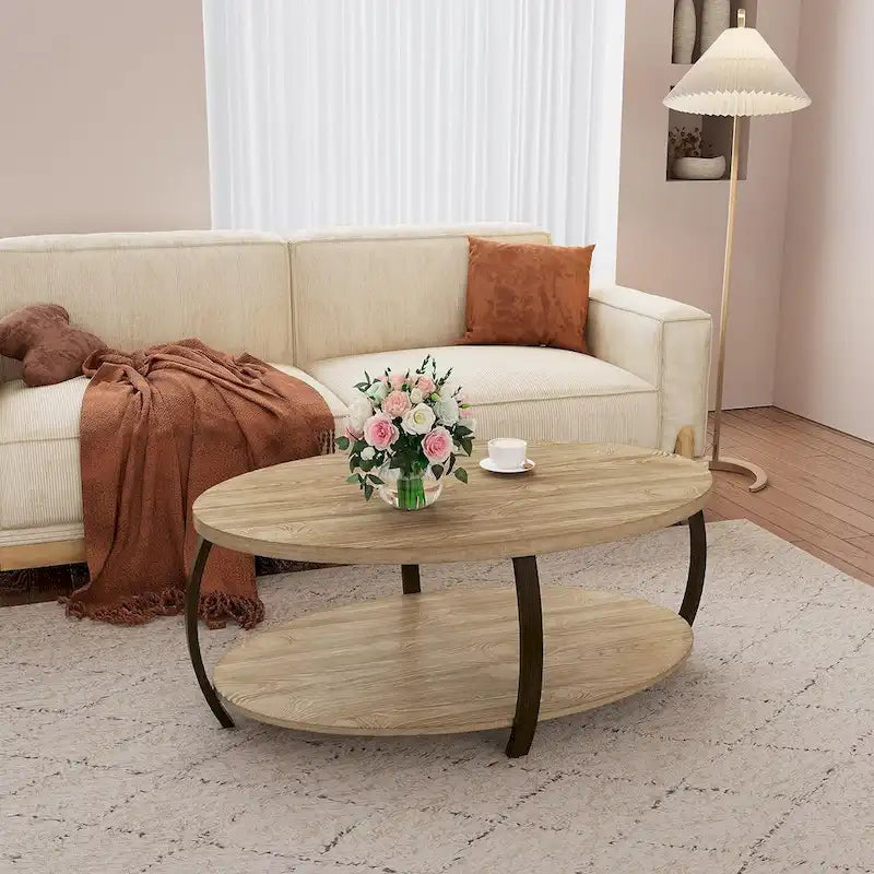 2-Tier Oval Coffee Table with Storage Shelf