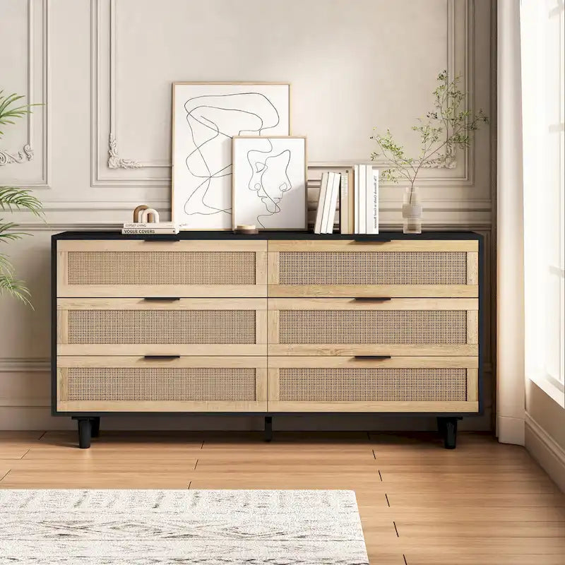 6-Drawer Rattan Dresser with Wood Frame