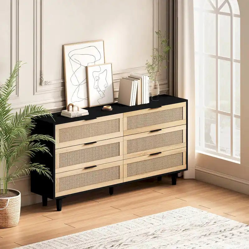 6-Drawer Rattan Dresser with Wood Frame