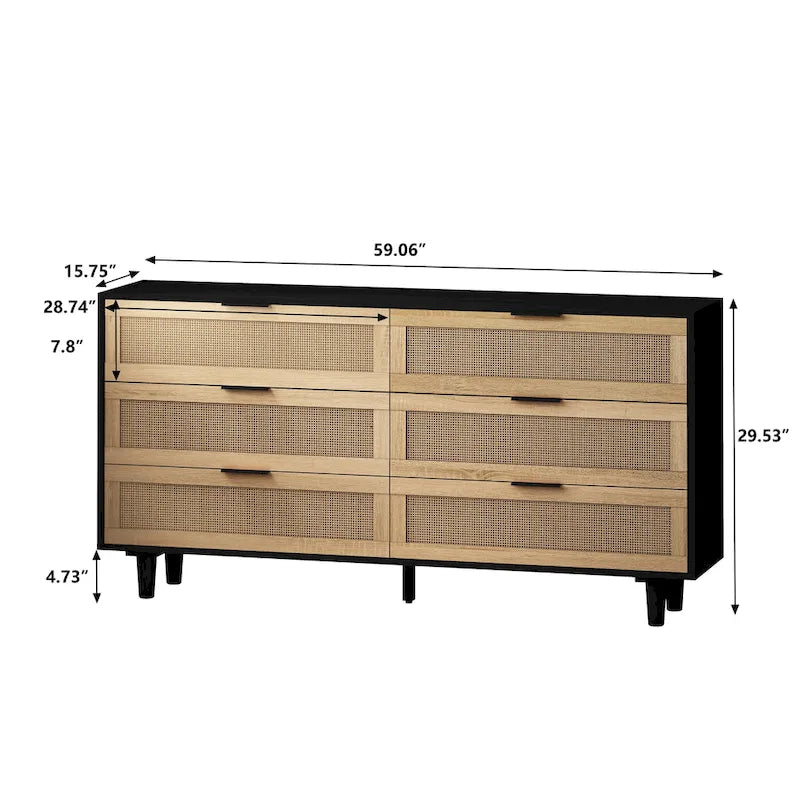 6-Drawer Rattan Dresser with Wood Frame