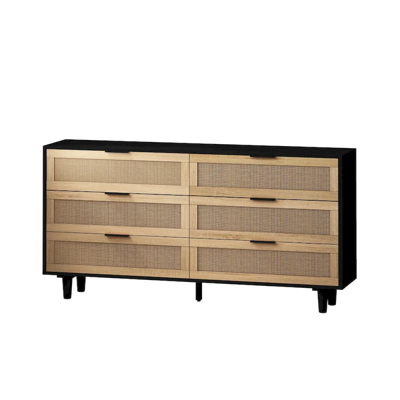 6-Drawer Rattan Dresser with Wood Frame