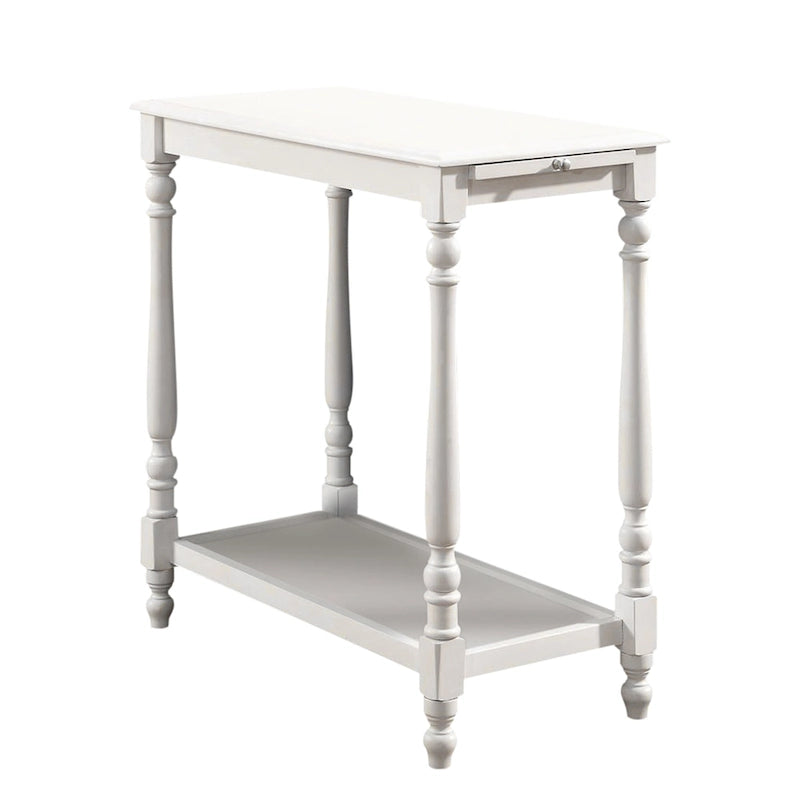 Farmhouse White Solid Wood End Table with Pull-Out Tray & Bottom Shelf