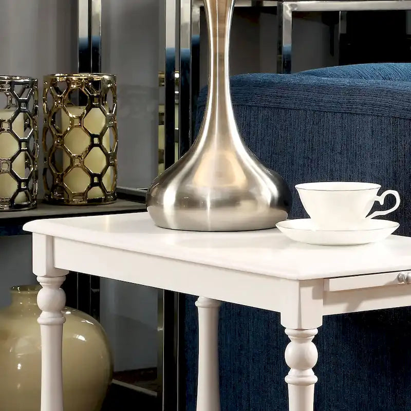 Farmhouse White Solid Wood End Table with Pull-Out Tray & Bottom Shelf