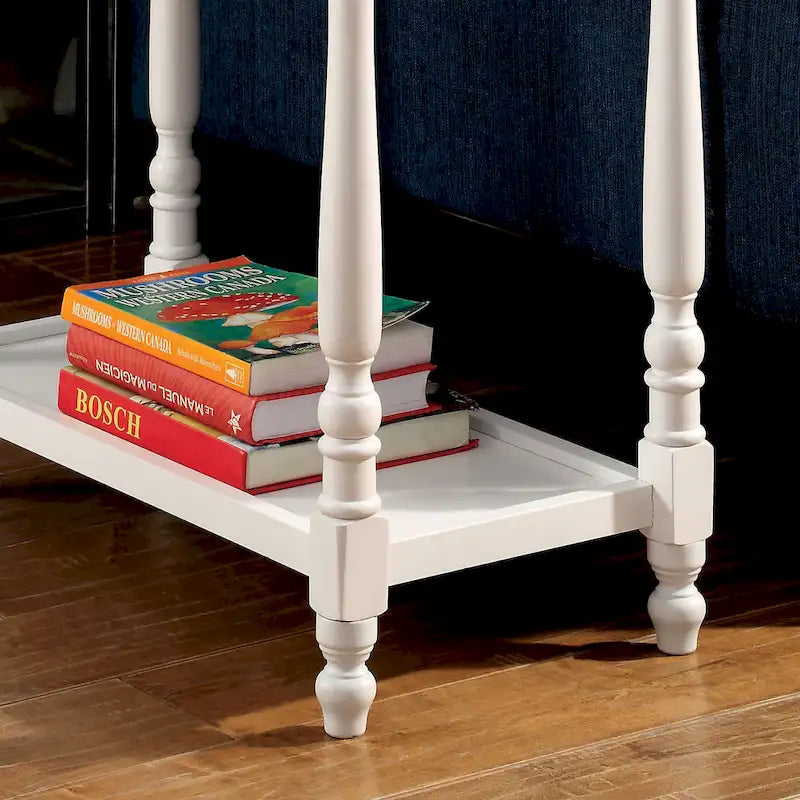 Farmhouse White Solid Wood End Table with Pull-Out Tray & Bottom Shelf