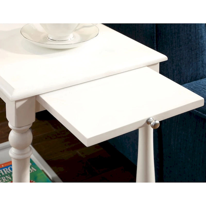 Farmhouse White Solid Wood End Table with Pull-Out Tray & Bottom Shelf