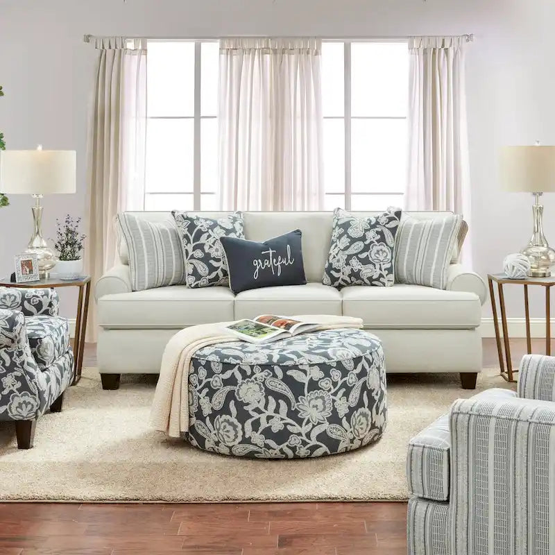 Round Ottoman with Floral Pattern & Wood Legs