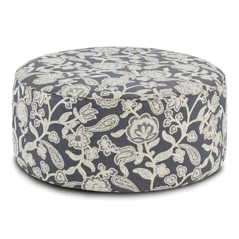 Round Ottoman with Floral Pattern & Wood Legs