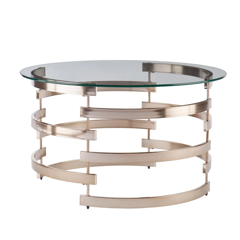 Round Glam Coffee Table with Tempered Glass Top & Champagne Metal Base