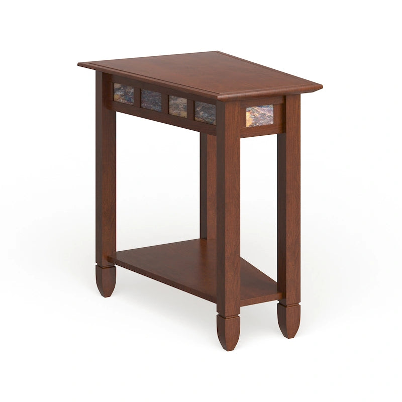Rustic Wedge End Table with Slate Detail & Display Shelf