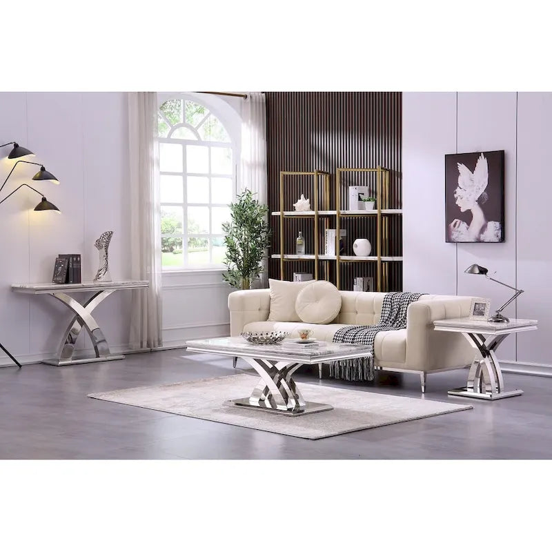 Grey & Silver End Table with X-Base