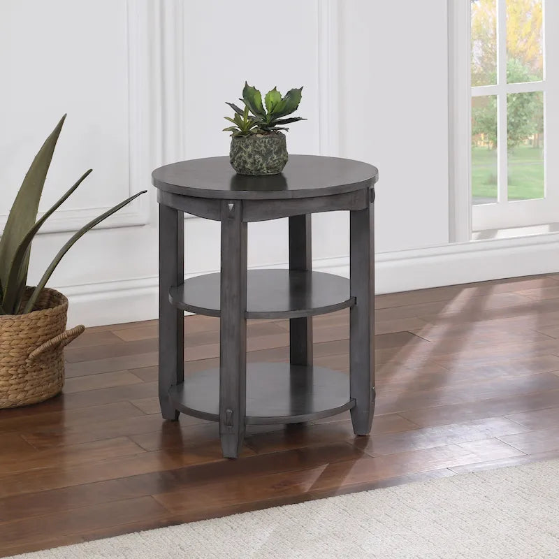 Round End Table with 3 Open Shelves & Wood Legs