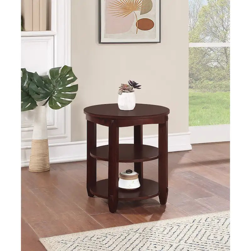 Round End Table with 3 Open Shelves & Wood Legs