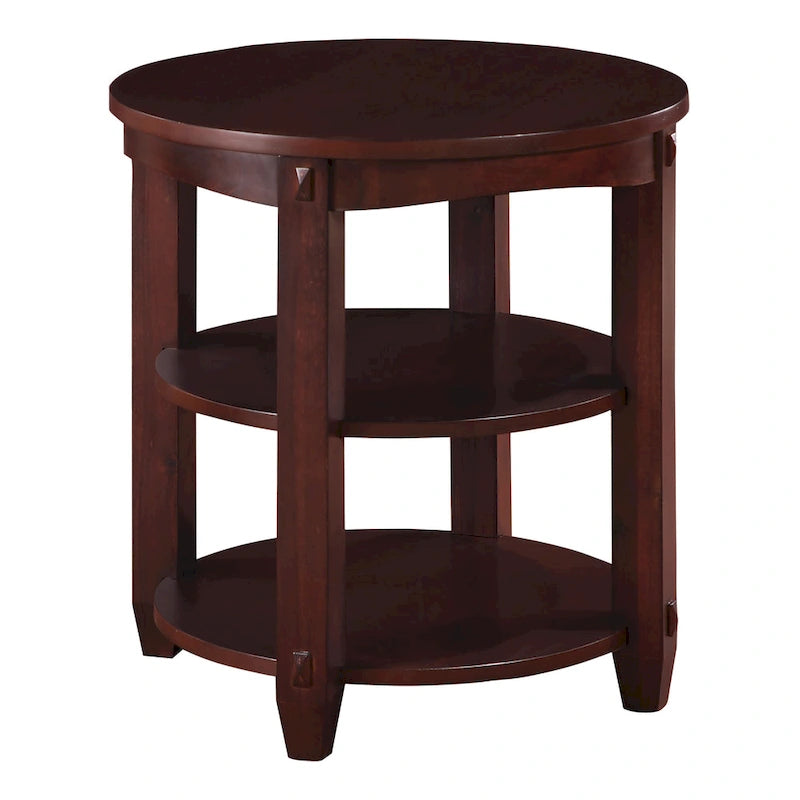 Round End Table with 3 Open Shelves & Wood Legs
