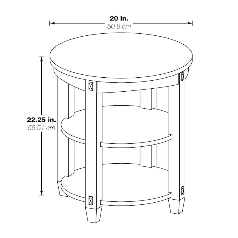 Round End Table with 3 Open Shelves & Wood Legs